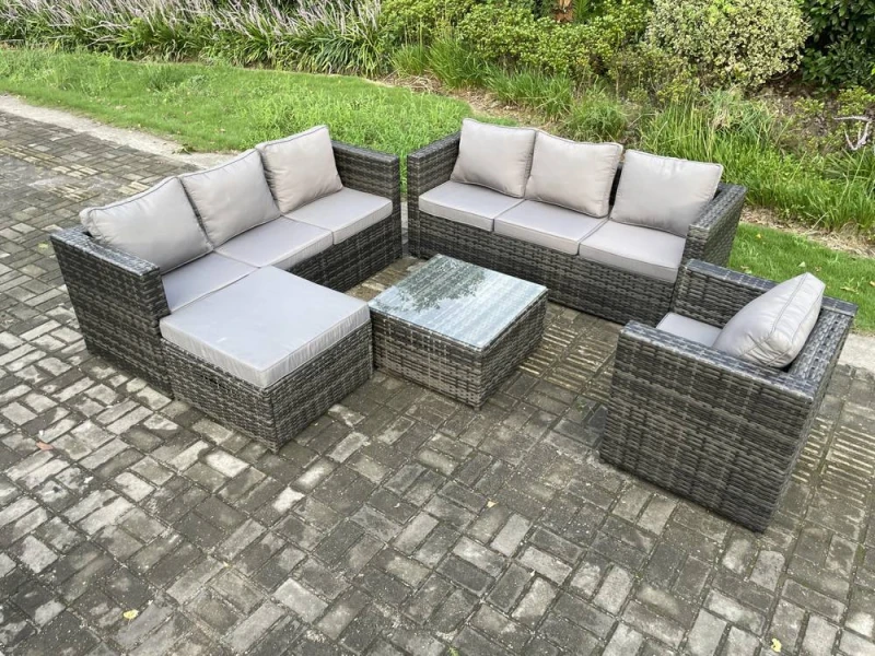 Image of Fimous Rattan Garden Furniture Sofa Set with Armchair Square Coffee Table Big Footstool Indoor Outdoor 8 Seater Rattan Set Dark Grey