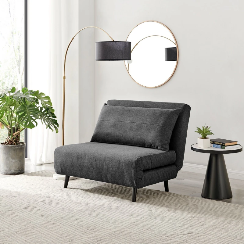 Image of FurnitureboxUK FurnitureboxUK Bobby Compact Futon Inspired Sofa Bed Upholstered In Soft Fabric in Dark Grey Size: Small Dark Grey Small Unisex 50565