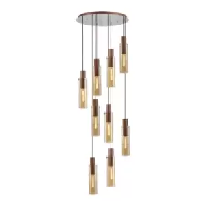 image of Blake Slim Round Ceiling Pendant, 9 Light Adjustable E27, Mocha, Amber Glass