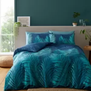 Image of Tropical Palm Print Easy Care Reversible Duvet Cover Set, Green, King - Catherine Lansfield