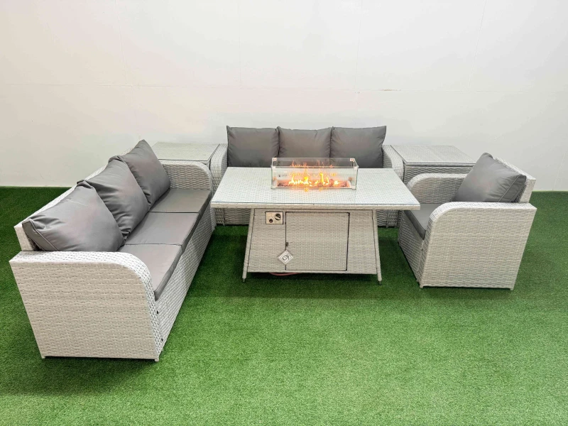 Image of Fimous 7 Seater Poly Rattan Outdoor Garden Furniture Firepit Dining Table Sofa Set Patio 3 Seater Sofa Reclining Chair 3 Seater Sofa 2 Side Table Ligh