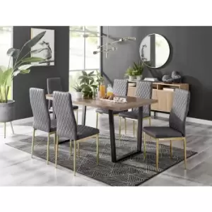 Image of Furniturebox UK - Furniturebox Kylo Brown Wood Effect Dining Table & 6 Grey Milan Velvet Dining Chairs With Gold Legs Diamond Stitch Modern