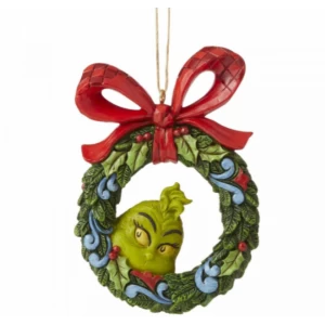 image of Grinch Peeking Through Wreath Hanging Ornament By Jim Shore