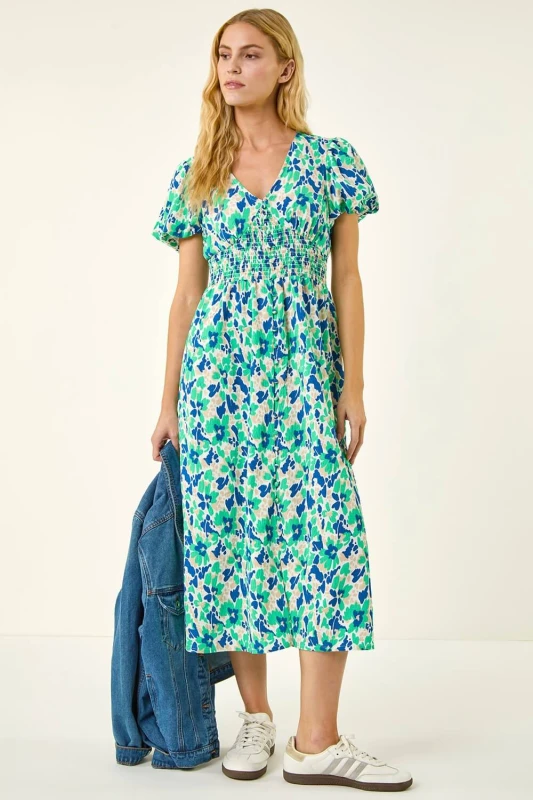 Image of Roman Womens Abstract Shirred Waist Midi Dress in Green Size: 14 Green Female 14
