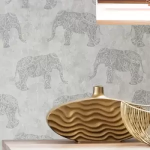 Image of Fresco - Natural Moroccan Elephants Wallpaper - Green
