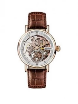 image of Ingersoll 1892 The Herald Rose Gold And Grey Skeleton Dial Brown Leather Strap Automatic Mens Watch