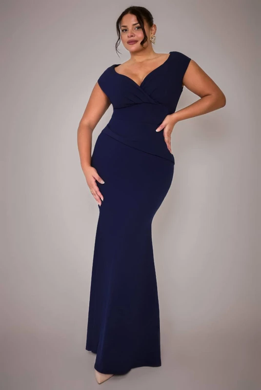 Image of Goddiva Womens Bardot Pleated Maxi Dress in Navy Size: 18 Navy Female 18