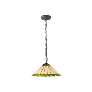 Image of 2 Light Downlighter Ceiling Pendant E27 With 40cm Tiffany Shade, Green, Crystal, Aged Antique Brass