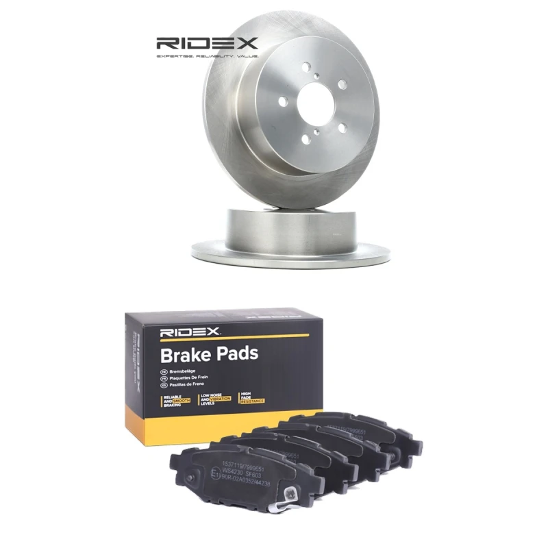 Image of RIDEX 3405B3301 Brake disc and pads set Rear Axle, Brake Disc Type: Solid, with acoustic wear warning Brake Set,disc brakes (3405)