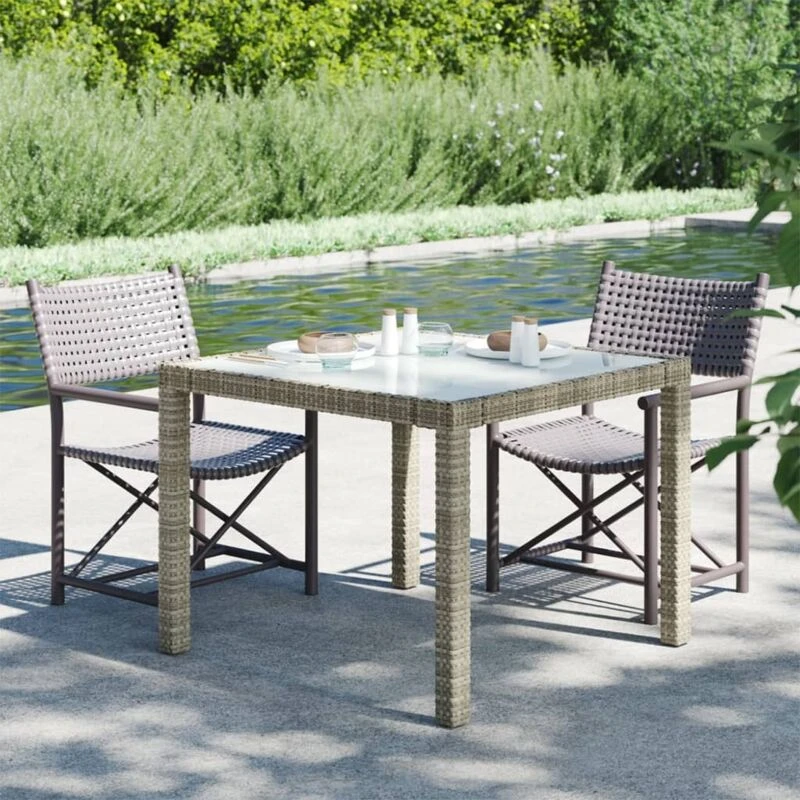 Image of VIDAXL Garden Table 90x90x75cm Tempered Glass and Poly Rattan Grey Vidaxl 8720286666364