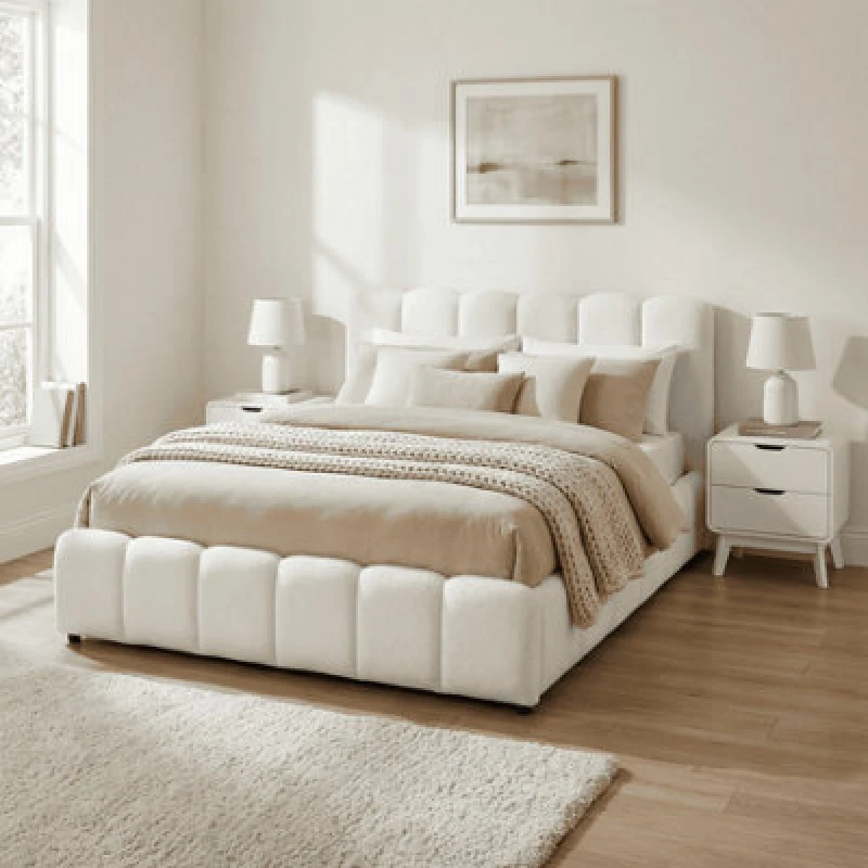 Image of Home Source Upholstered Ottoman Storage Bed Boucle Teddy Fur End Gas Lift in White Size: King White Unisex King