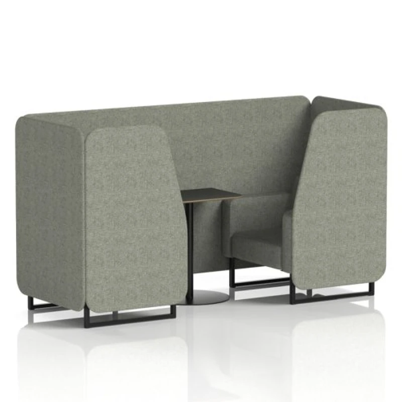 Image of Brixworth 2 Seater Office Booth with Front Panel - Black Legs and Black Table with Black Leg in Rivet Fabric - Vitreous Panels and Sofa