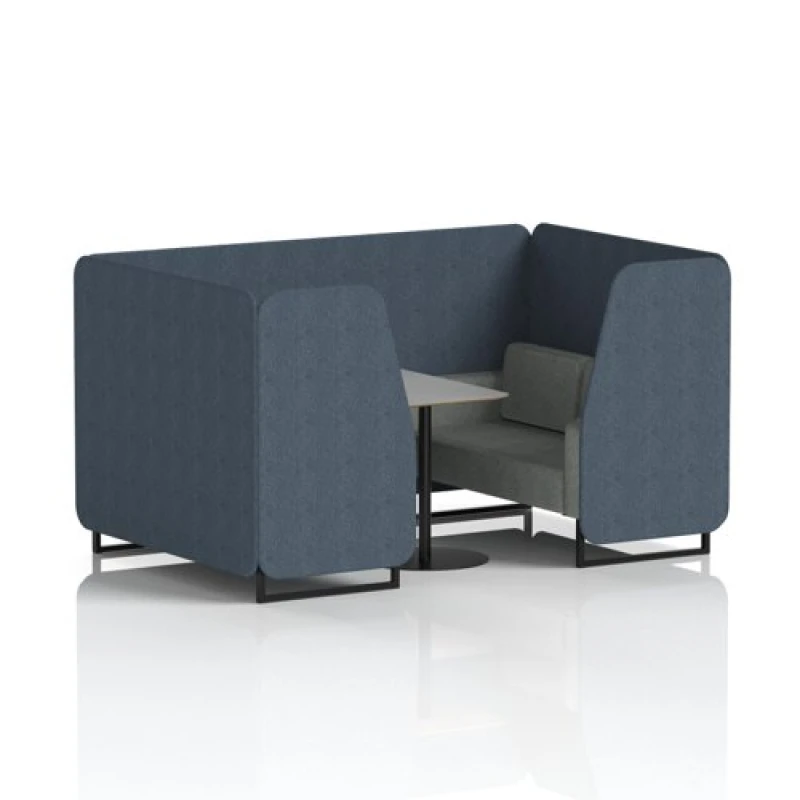 Image of Brixworth 4 Seater Office Booth with Front Panel - Black Legs and Grey Table with Black Leg in Rivet Fabric - Crucible Panels and Prime Sofa