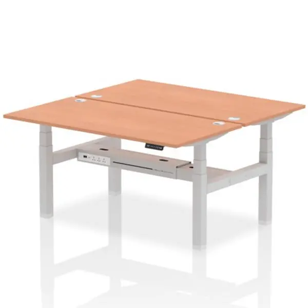 Image of Air Air Back-to-Back 1600 x 800mm Height Adjustable 2 Person Bench Desk Beech Top with Cable Ports Silver Frame HASCP2P16800BCHS