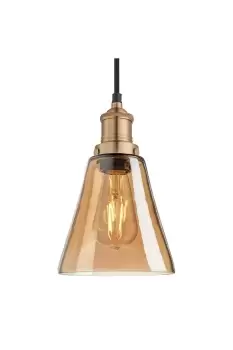 Image of Brooklyn Tinted Glass Flask Pendant, 6 Inch, Amber, Brass Holder