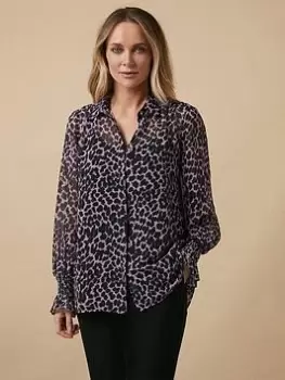 Image of Wallis Leopard Print Shirred Cuff Shirt - Blush, Pink, Size 10, Women