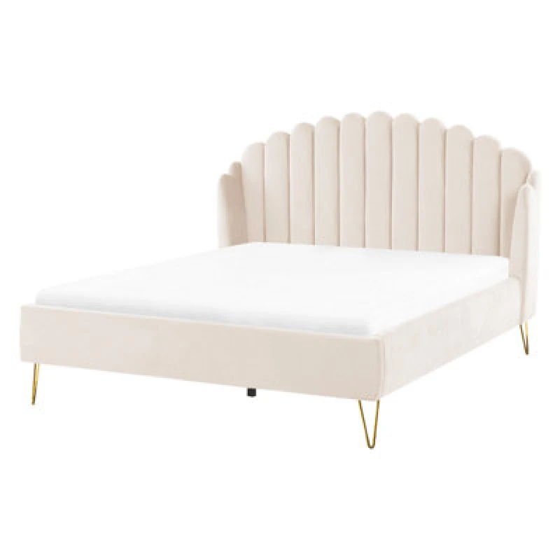 Image of Beliani Bed Velvet Ambillou 160 X 200 Cm (Eu King Size) Light Beige