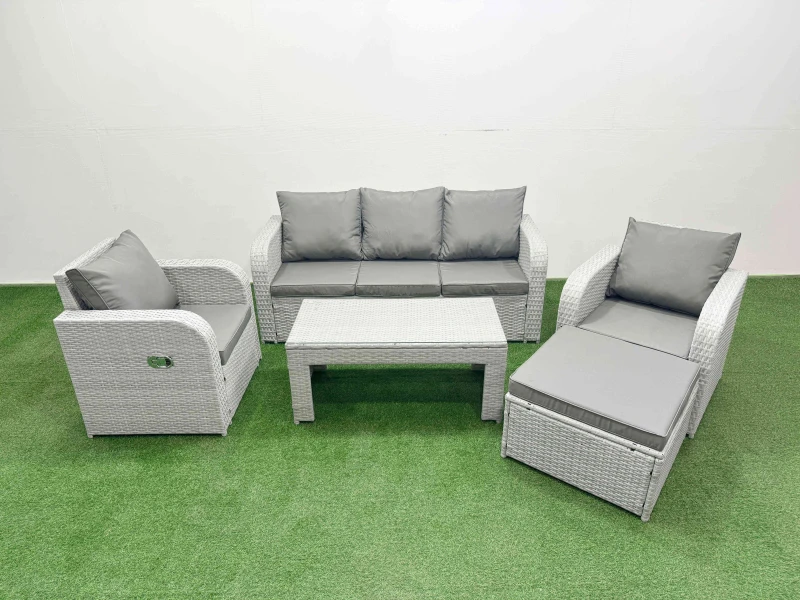 Image of Fimous PE Rattan Garden Furniture Set Reclining Chair Sofa Lounge Sofa Set Rectangular Coffee Table Big Footstool Light Grey Light Grey