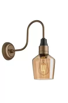 image of Swan Neck Tinted Glass Schoolhouse Wall Light, 5.5 Inch, Amber, Brass Holder