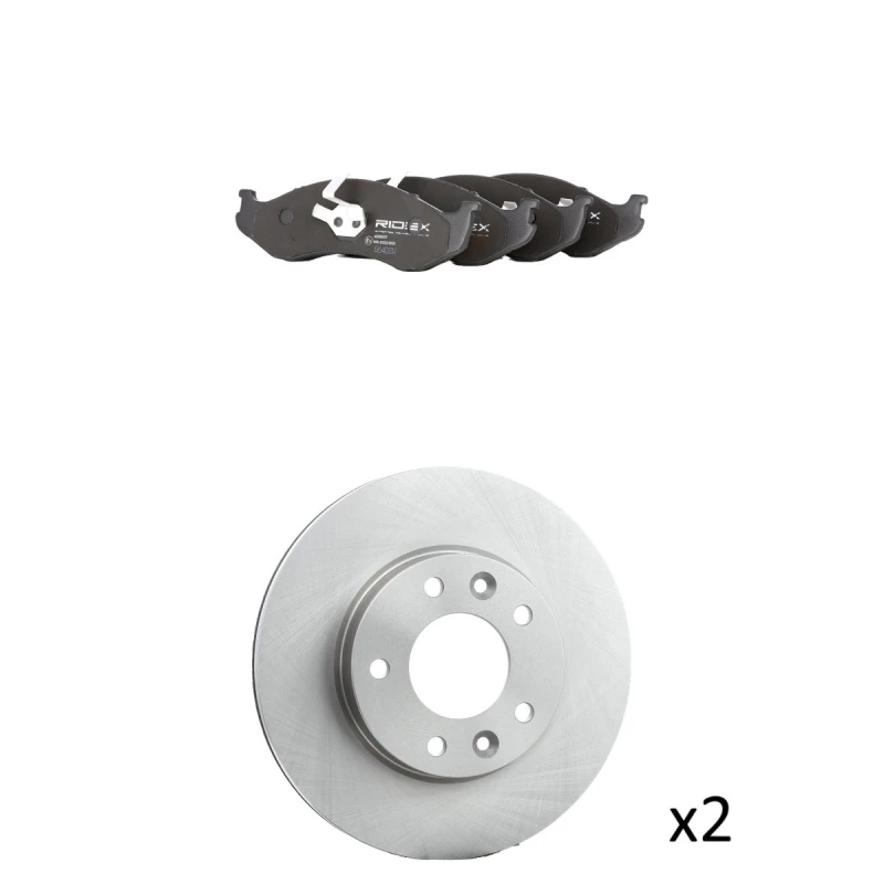 Image of RIDEX 3405B3166 Brake disc and pads set Front Axle, Brake Disc Type: internally vented, not prepared for wear warning indicator Brake Set,disc brakes