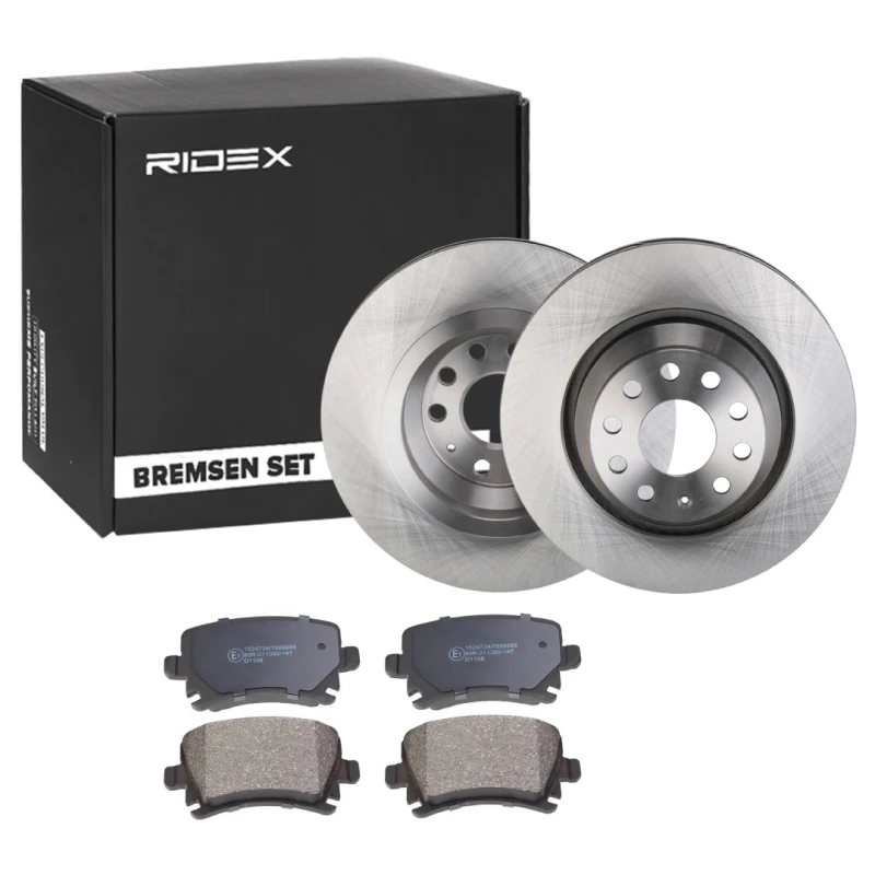 Image of RIDEX 3405B1081 Brake disc and pads set with accessories, Rear Axle, Brake Disc Type: internally vented, excl. wear warning contact Brake Set,disc br