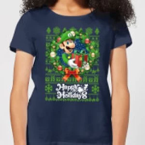 Image of Nintendo Super Mario Happy Holidays Luigi Womens Christmas T-Shirt - Navy - L