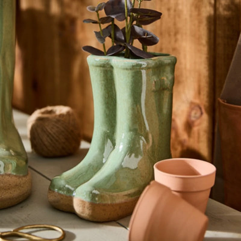 Image of Dibor Small Sage Green Wellingtons Boots Ceramic Indoor Outdoor Flower Pot Garden Planter Pot (H) 17cm, (W)15cm Green Unisex S