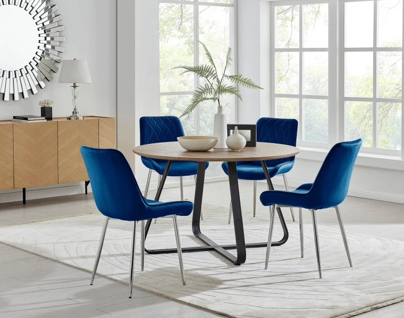 Image of FurnitureboxUK FurnitureboxUK Santorini Brown Round Dining Table And 4/6 Pesaro Silver Leg Chairs in Navy Navy One Size Unisex 5056542678400