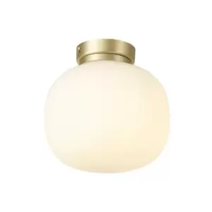 image of Luminosa Cheektowaga Small Oval Ball Flush Fitting E27 Satin Gold Base With Frosted White Glass Globe