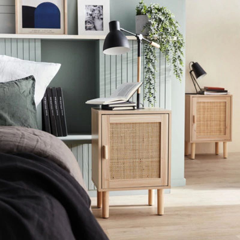 Image of sweeek Pair Of Woven Rattan Bedside Tables Light Brown
