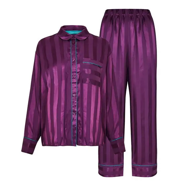 image of CHELSEA PEERS Satin Jacquard Stripe Long Pyjama Set - Purple 14