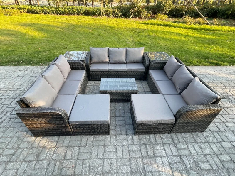 Image of Fimous Outdoor Garden Furniture Sets 11 Seater Wicker Rattan Furniture Sofa Sets with Rectangular Coffee Table 3 Seater Sofa 2 Side Tables Footstool D