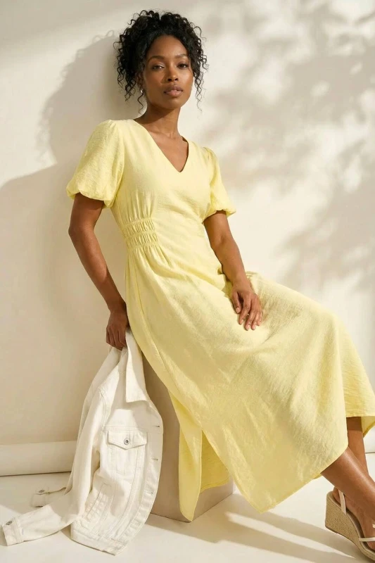 Image of Roman Womens Balloon Sleeve Midi Dress in Yellow Size: 16 Yellow Female 16