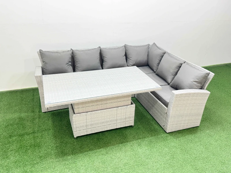 Image of Fimous 6 Seat Rattan Garden Furniture Corner Sofa Set Light Grey Light Grey Unisex
