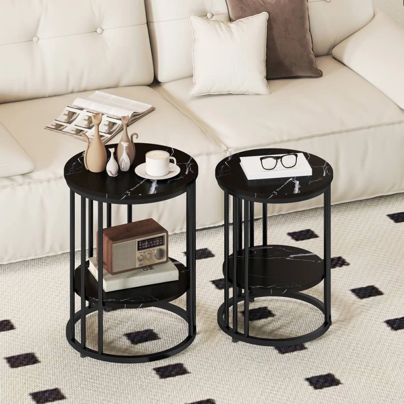 Image of HOMCOM Marble-Effect Round Coffee Table Set of 2 for Living Room, Black Size: 2 Pack Black Unisex 2 Pack