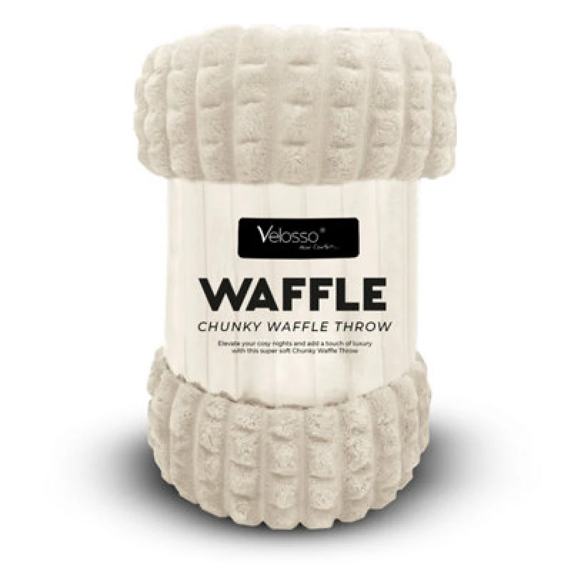 Image of Velosso Elegant Waffle Style Ribbed Thermal Plush Throw - Cosy Winter Embossed Fur Blanket For Sofa, Bed - 127Cm X 152Cm - Ivory