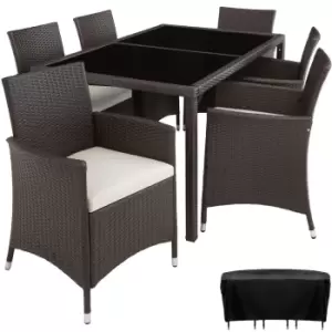 image of Tectake Rattan 6 Seat Dining Set With Protective Cover - Brown/Cream