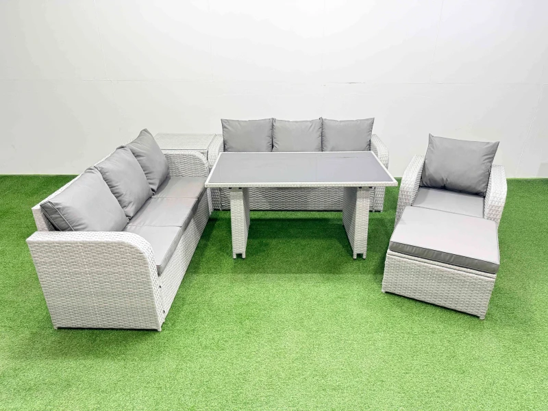 Image of Fimous 8-seater Patio Rectangular Table Sofa Set with Side Table Big Stool in Light Grey Light Grey Unisex