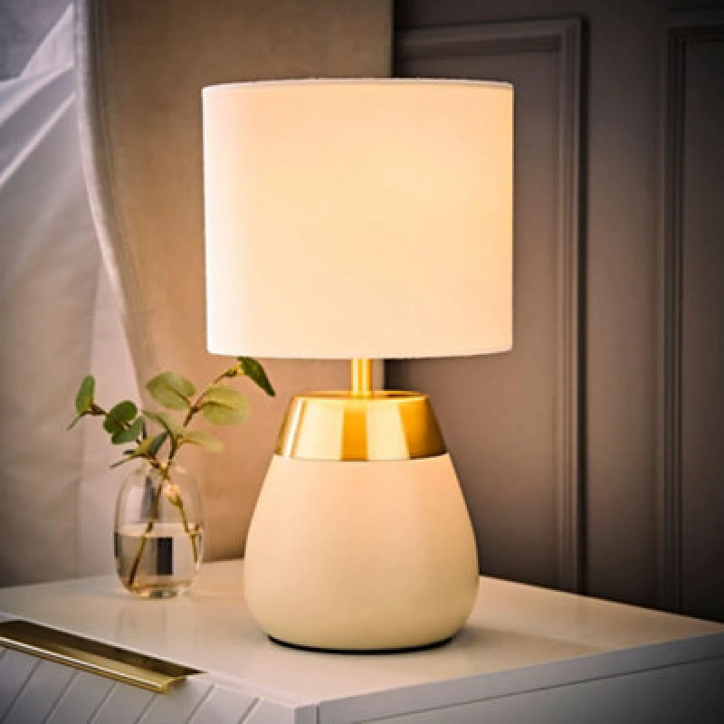 Image of ValueLights ValueLights Hurst Bulbous Touch Table Lamp with Drum Lamp Shade and Bulb in Cream Cream One Size Unisex 5059406070846