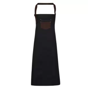 image of Premier Unisex Adults Division Waxed Look Faux Leather Denim Bib Apron (One Size) (Indigo/Brown Denim)