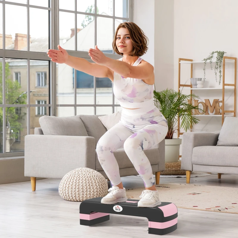 Image of HOMCOM HOMCOM Aerobic Step Three-Level Adjustable Exercise Stepper, Black and Pink Pink One Size Unisex 5063603053571