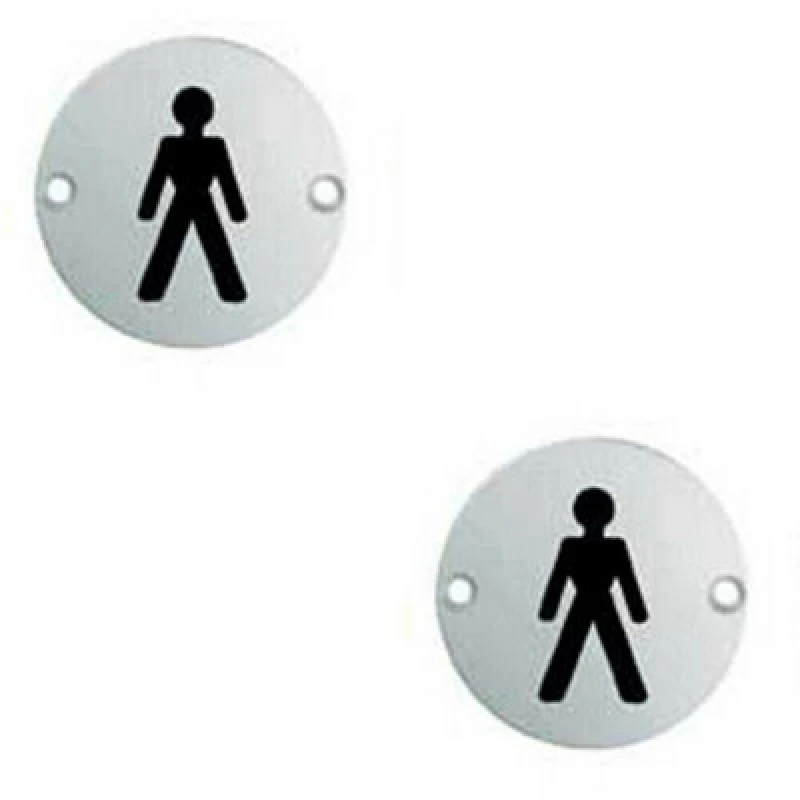 Image of Loops 2x Bathroom Door Male Symbol Sign 64mm Fixing Centres 76mm Dia Polished Steel Metallics
