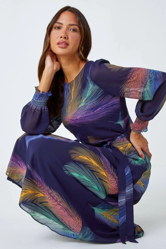 Image of Roman Feather Print Belted Midi Dress Purple