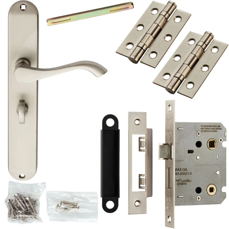 Image of Loops Door Handle & Bathroom Lock Pack Satin Chrome Scroll Round Tall Slim Backplate Multi
