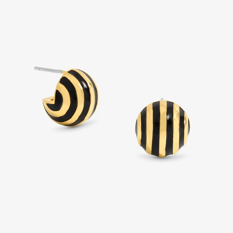 Image of Jon Richard Gold Plated And Jet Enamel Stripe Dome Earrings Gold female One Size