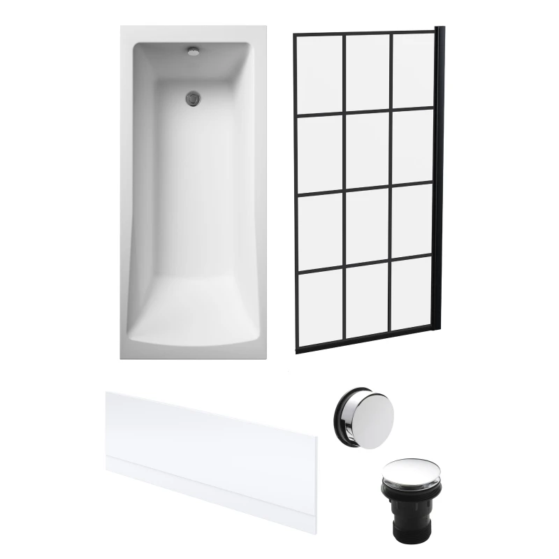 Image of Balterley Square Bath, Framed Screen, Front Panel, Chrome Waste -1700x700mm Silver
