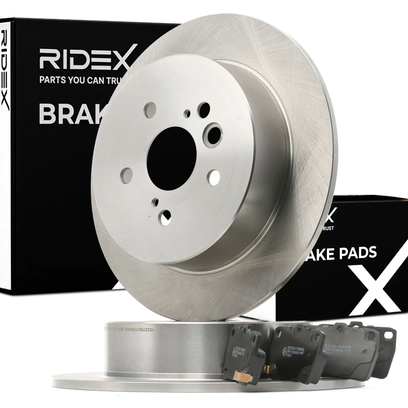 Image of RIDEX 3405B1545 Brake disc and pads set Rear Axle, Brake Disc Type: Solid, with acoustic wear warning, without wheel hub Brake Set,disc brakes (3405)