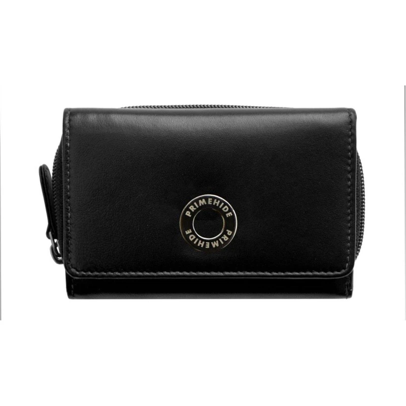 Image of PRIMEHIDE Leather Flavia Small Zip Around Trifold Purse - Black 12.5 x 9