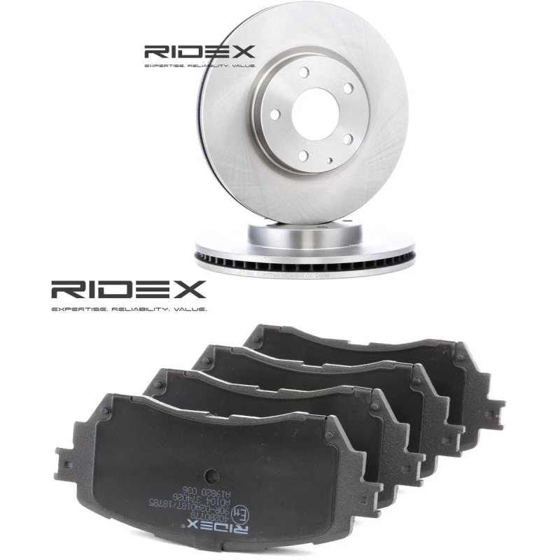 Image of RIDEX 3405B1422 Brake disc and pads set Front Axle, Brake Disc Type: internally vented, excl. wear warning contact Brake Set,disc brakes (3405)