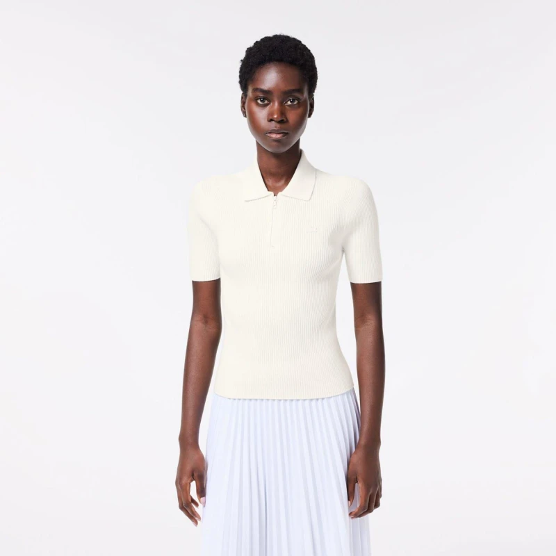 Image of Lacoste Zip Neck Rib Knit Polo Shirt White female 10